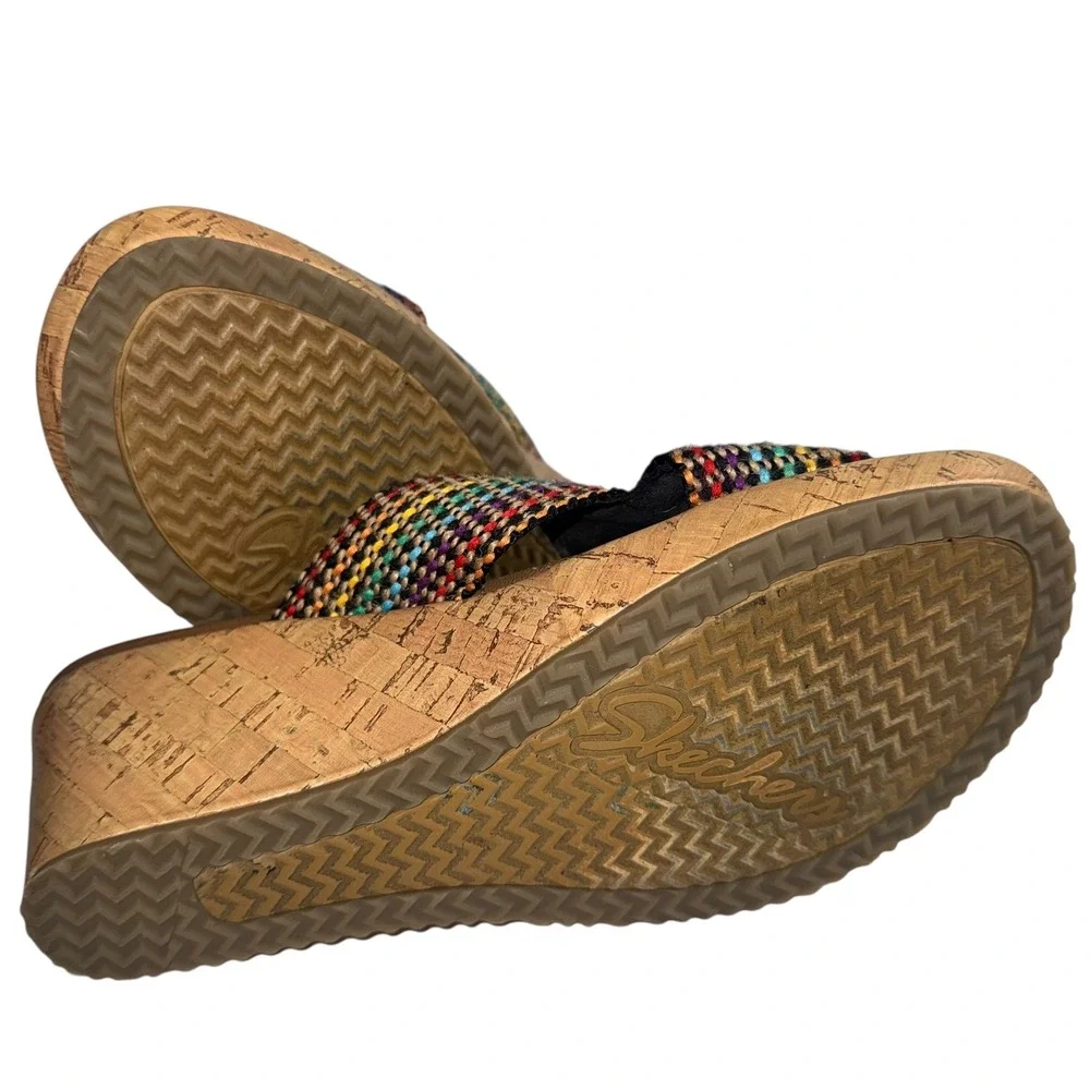 Skechers Luxe Foam Wedge Sandals Women‎ 8 Multi Color Excellent Woven Cork Slide